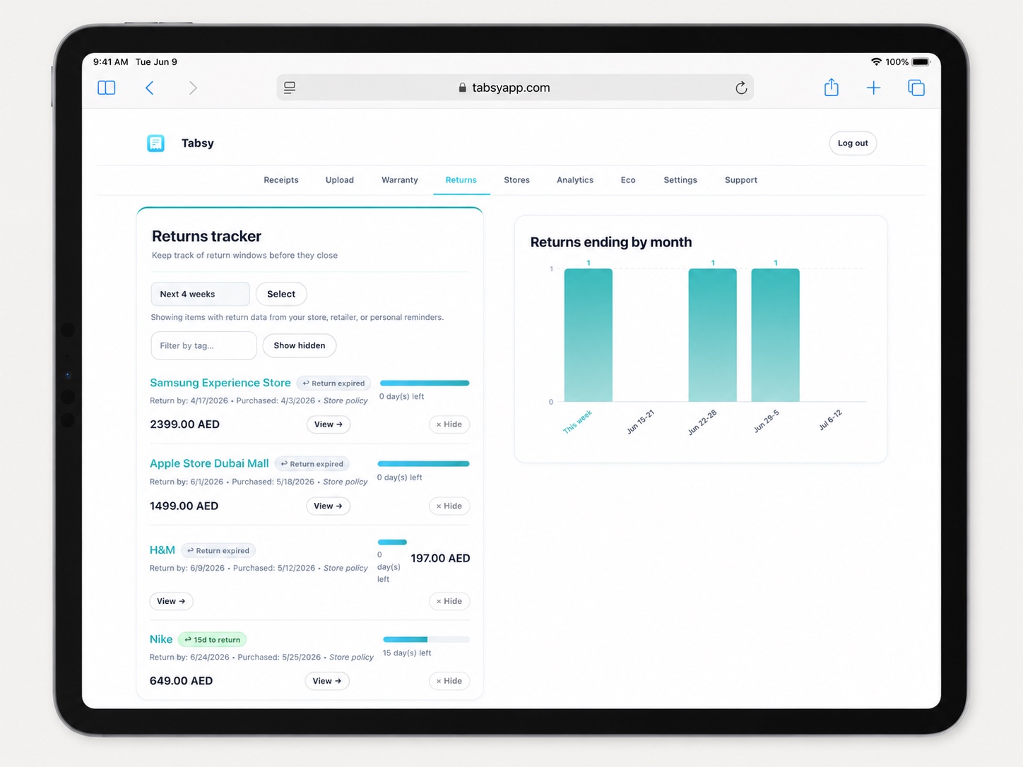 Novri returns tracker on iPad