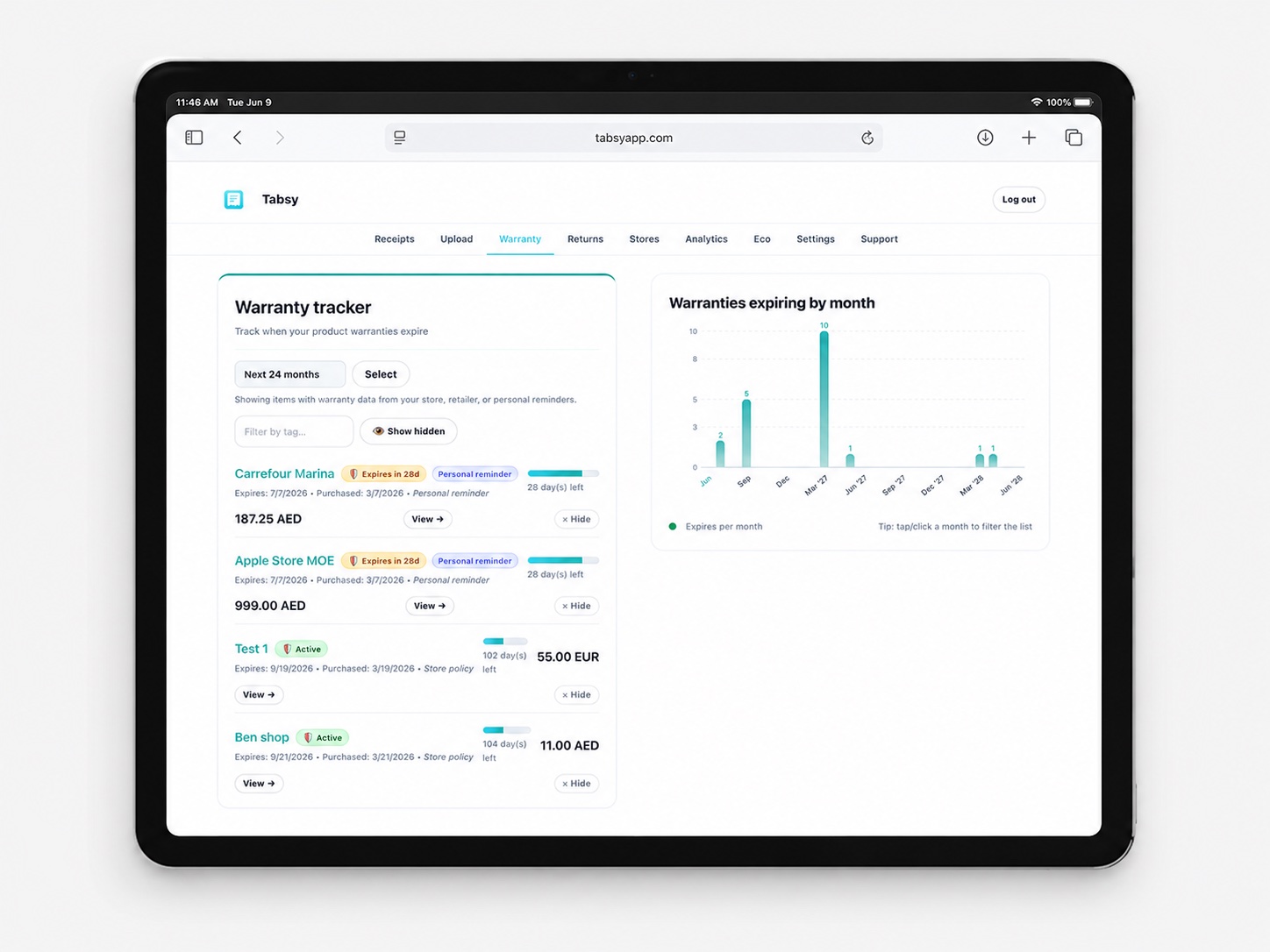 Novri warranty tracker on iPad